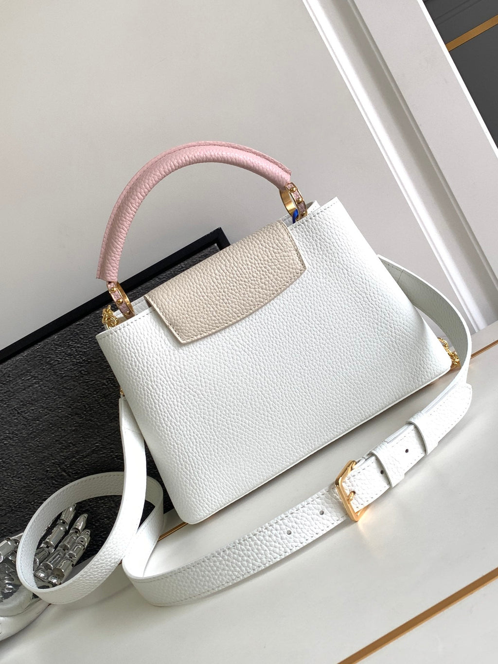 LOUIS VUITTON CAPUCINES BB 27 IN WHITE MIX PINK AND BEIGE TAURILLON GOLD HARDWARE