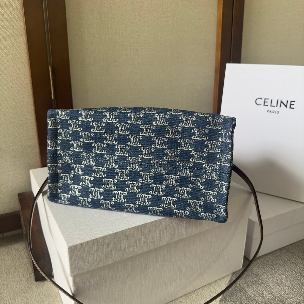 CELINE SMALL CABAS THAIS 25 IN BAYOUX BLUE TRIOMPHE DENIM AND BRONZE BROWN CALFSKIN