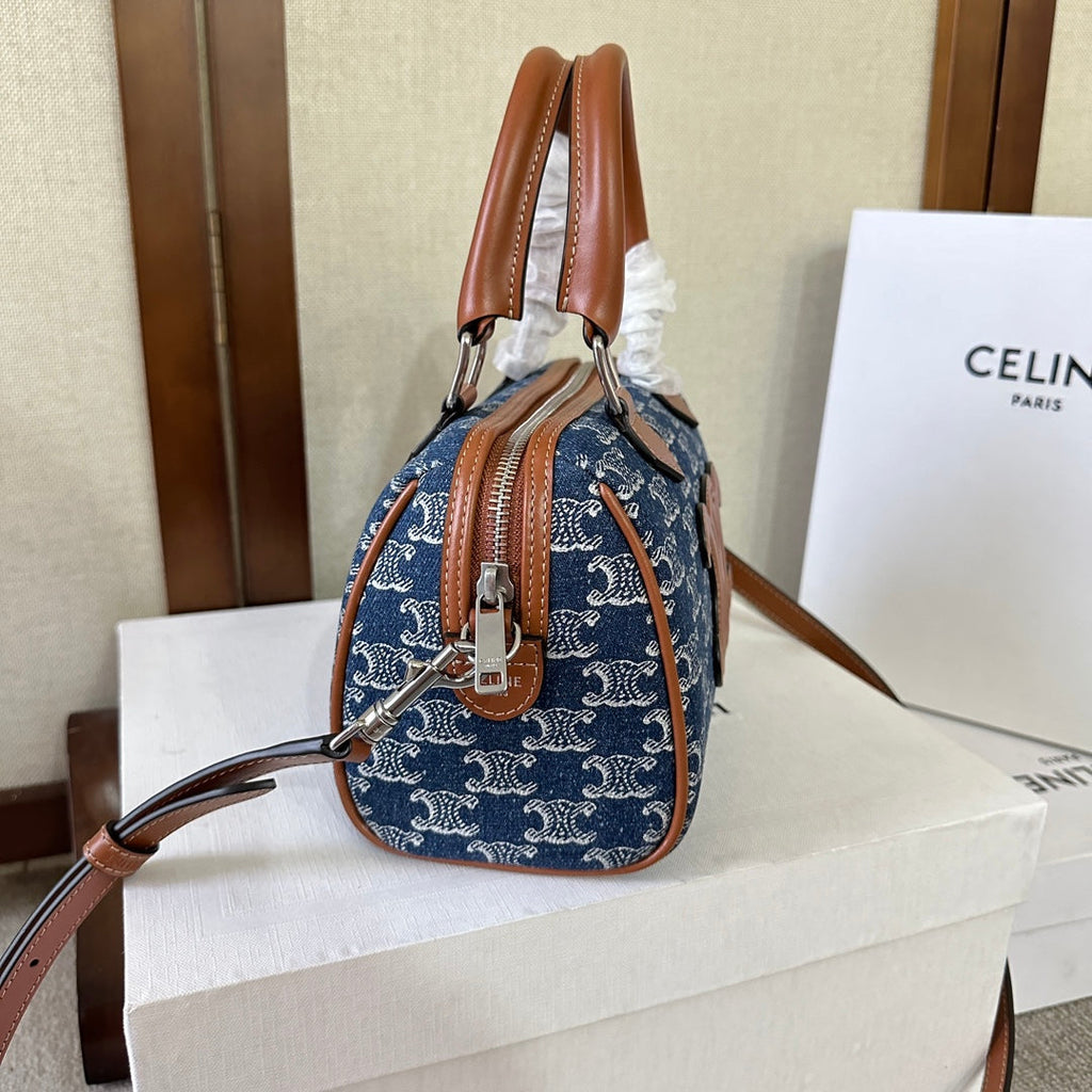 CELINE SMALL BOSTON 19 IN SPACE BLUE TRIOMPHE DENIM AND BROWN CALFSKIN TRIM