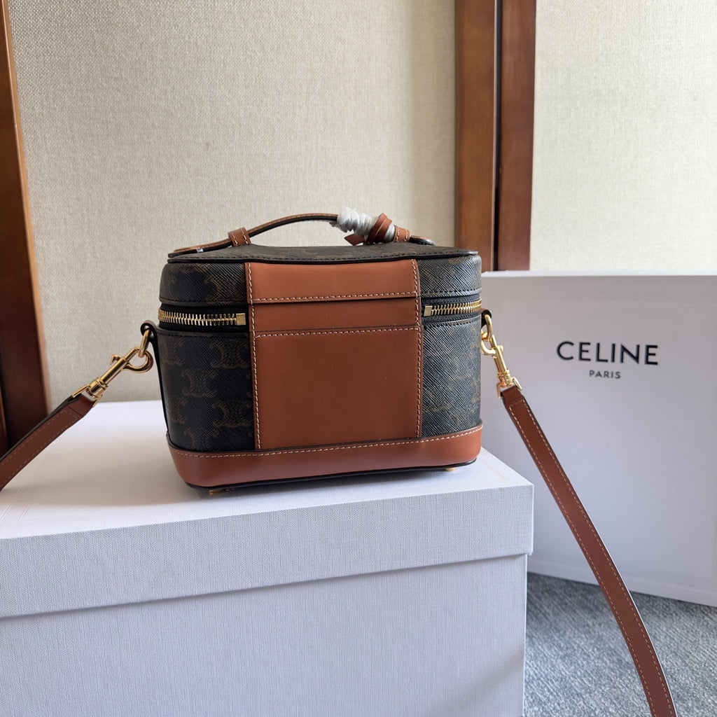 CELINE VANITY 18 IN BLACK TRIOMPHE CANVAS AND BROWN CALFSKIN GOLD HARDWARE