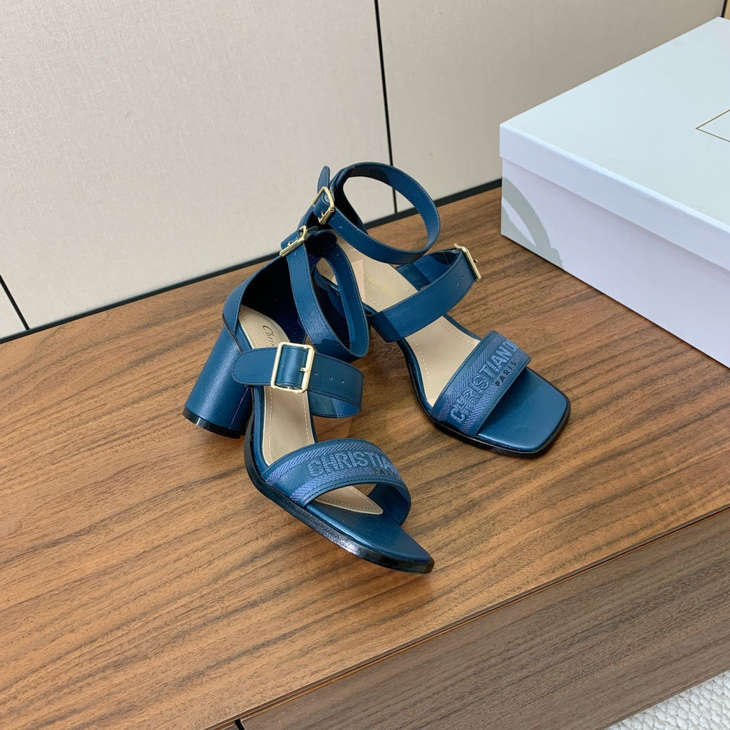 DIOR THREE-STRAP HIGH-HEELED EMBROIDERED SANDALS NAVY BLUE