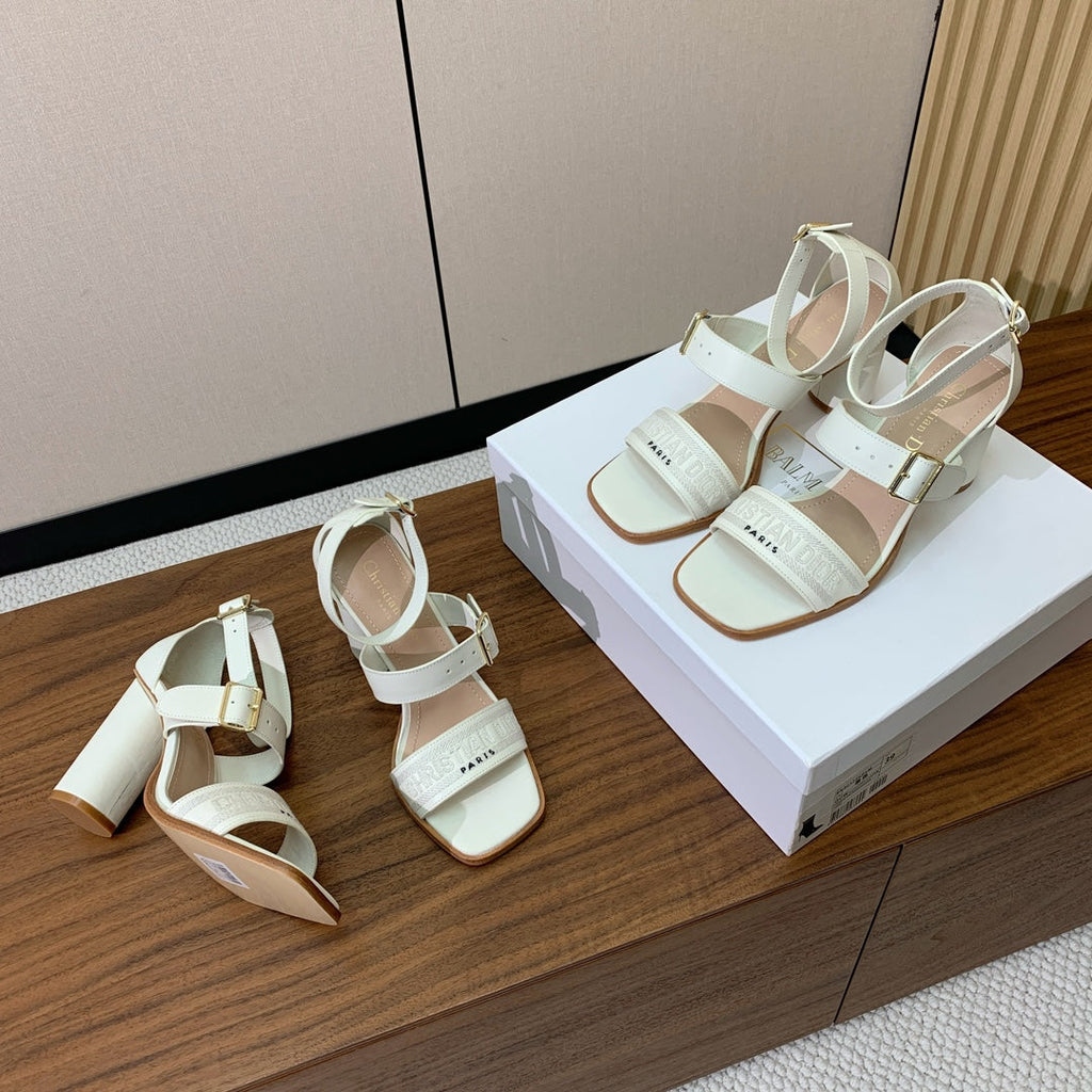 DIOR THREE-STRAP HIGH-HEELED EMBROIDERED SANDALS WHITE