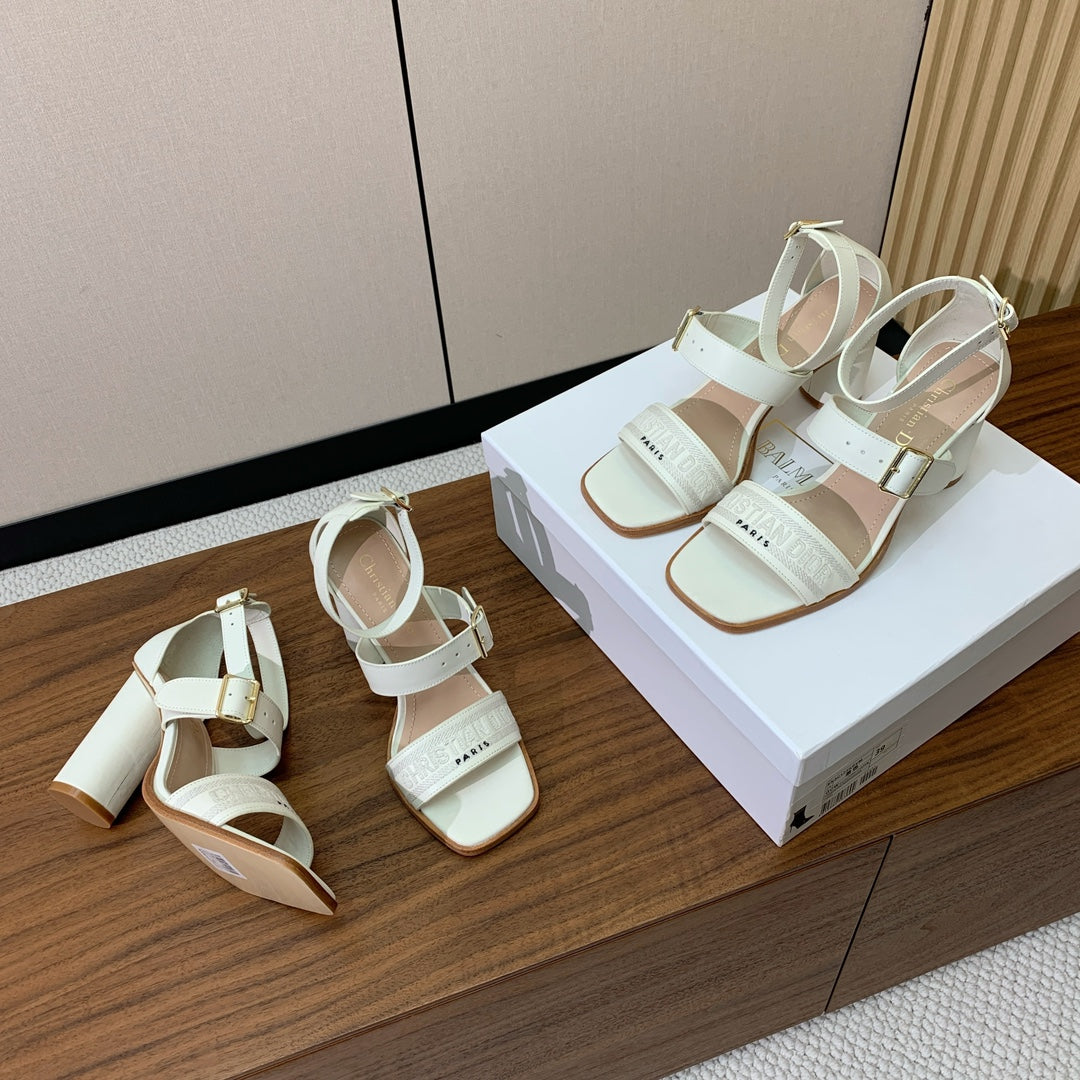 DIOR THREE-STRAP HIGH-HEELED EMBROIDERED SANDALS WHITE
