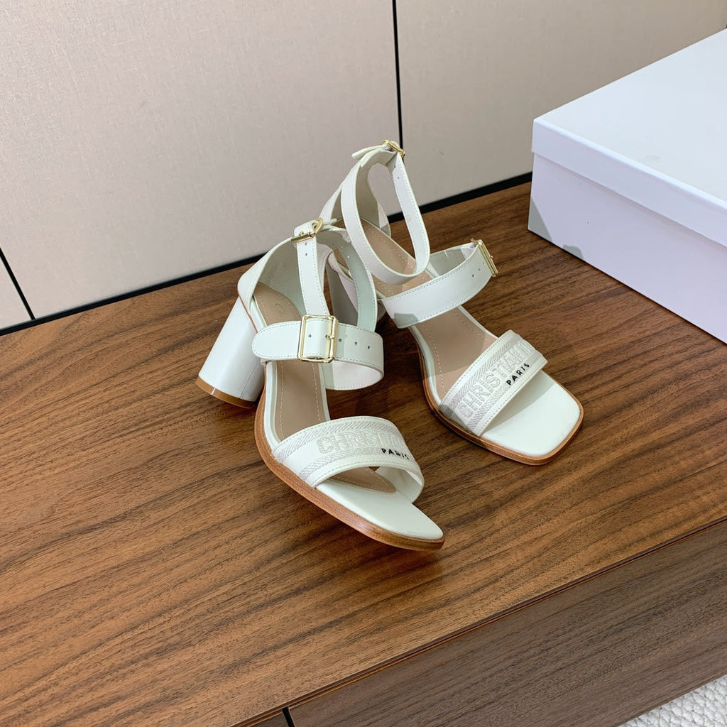 DIOR THREE-STRAP HIGH-HEELED EMBROIDERED SANDALS WHITE