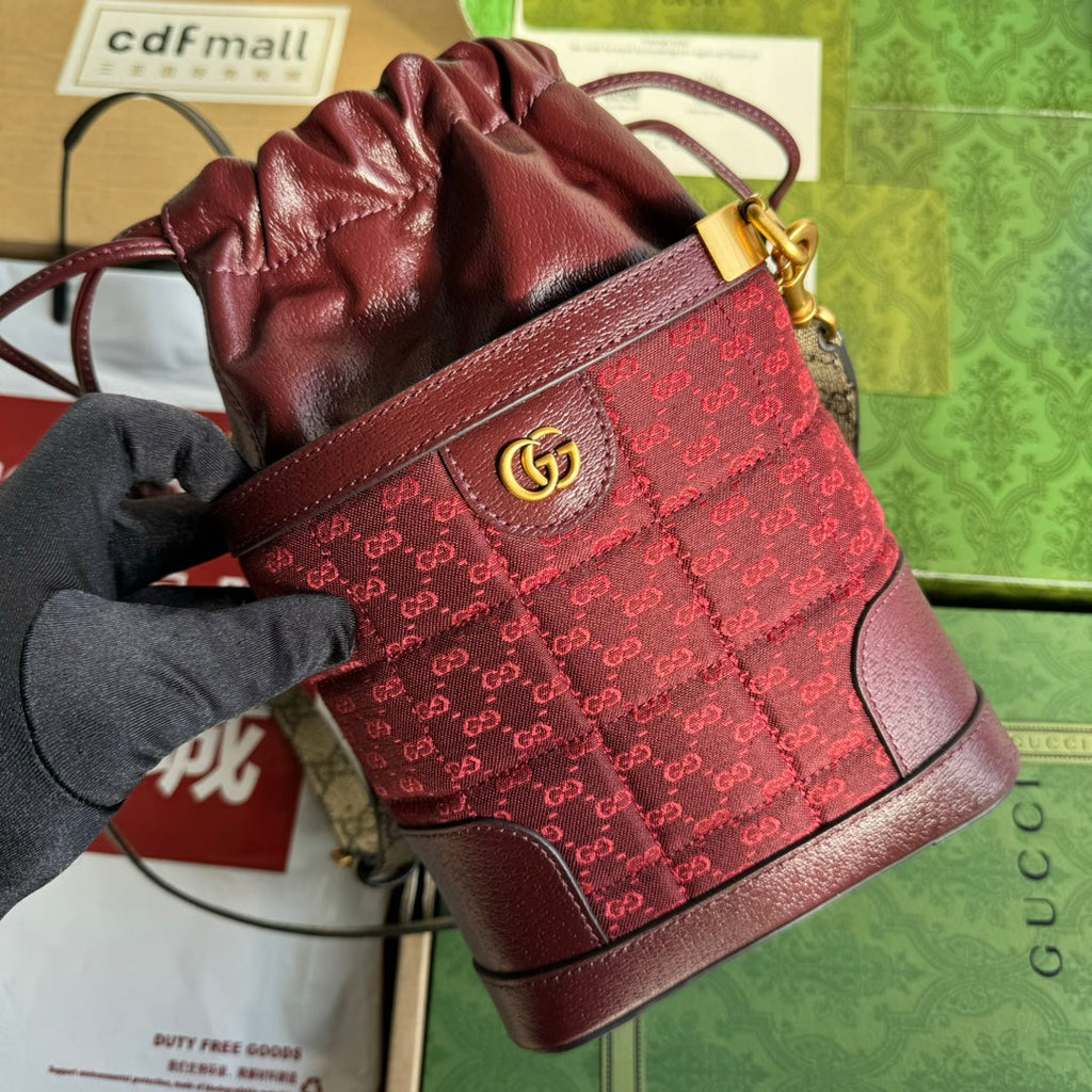 GUCCI BUCKET BAG 18 IN BURGUNDY RED CANVAS AND CALFSKIN GOLD HARDWARE