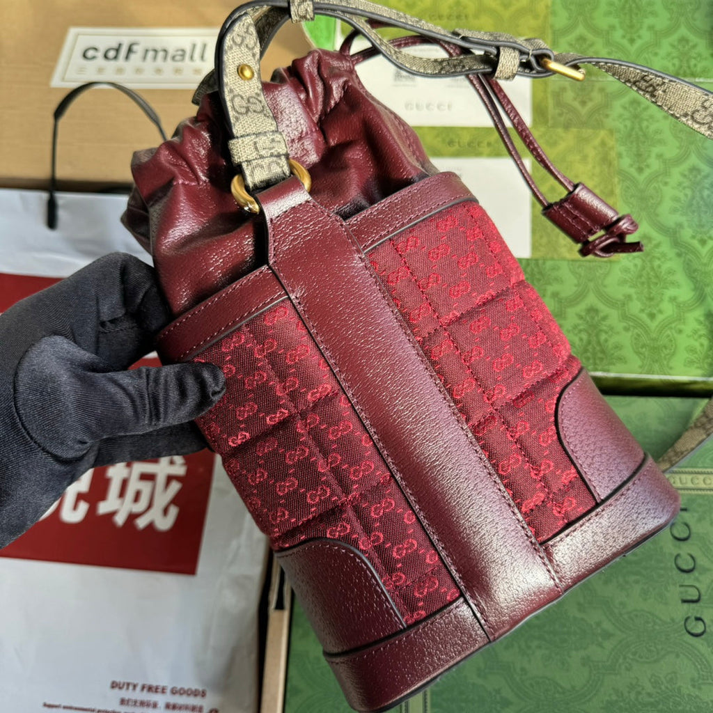 GUCCI BUCKET BAG 18 IN BURGUNDY RED CANVAS AND CALFSKIN GOLD HARDWARE