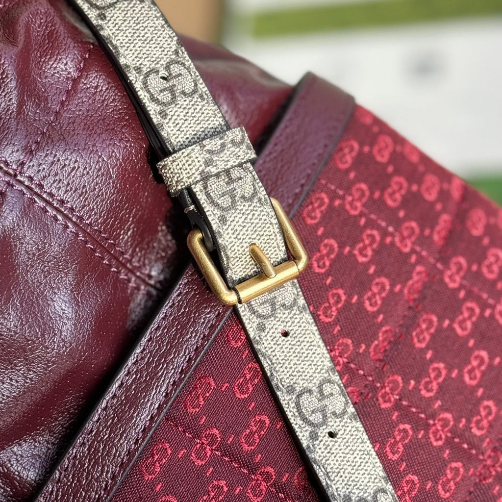 GUCCI BUCKET BAG 18 IN BURGUNDY RED CANVAS AND CALFSKIN GOLD HARDWARE