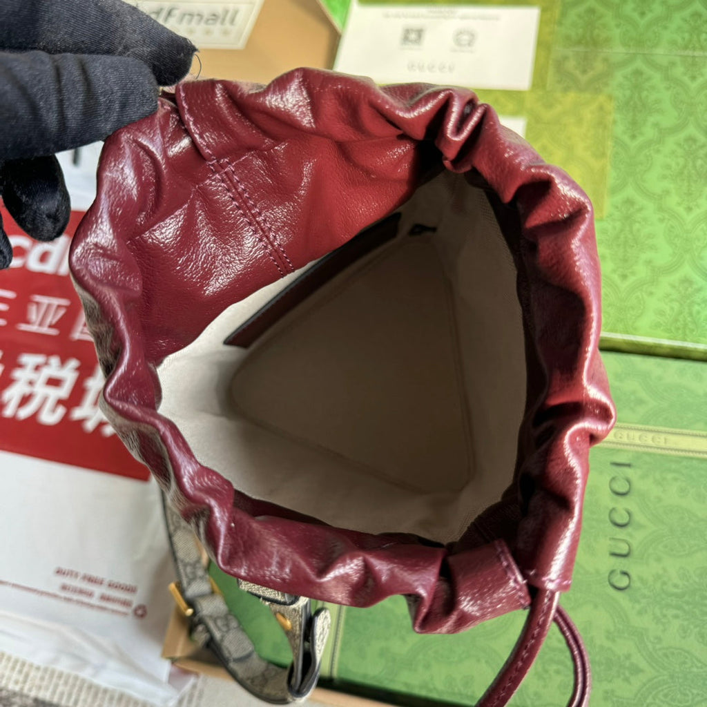 GUCCI BUCKET BAG 18 IN BURGUNDY RED CANVAS AND CALFSKIN GOLD HARDWARE