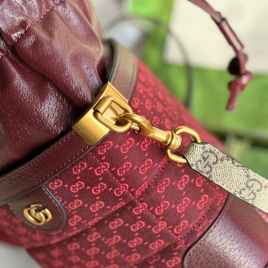 GUCCI BUCKET BAG 18 IN BURGUNDY RED CANVAS AND CALFSKIN GOLD HARDWARE