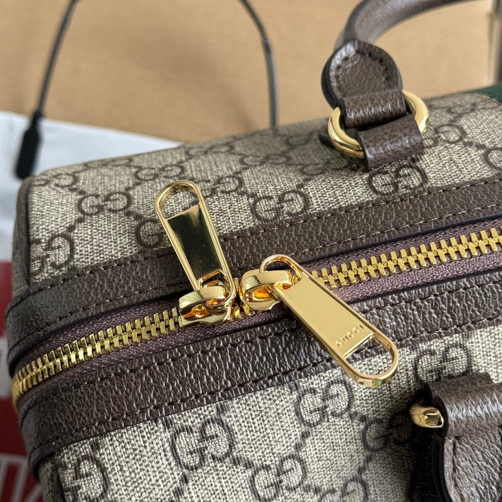 GUCCI OPHIDIA LARGE BOSTON BAG 31 IN BEIGE EBONY  BROWN CALFSKIN TRIM