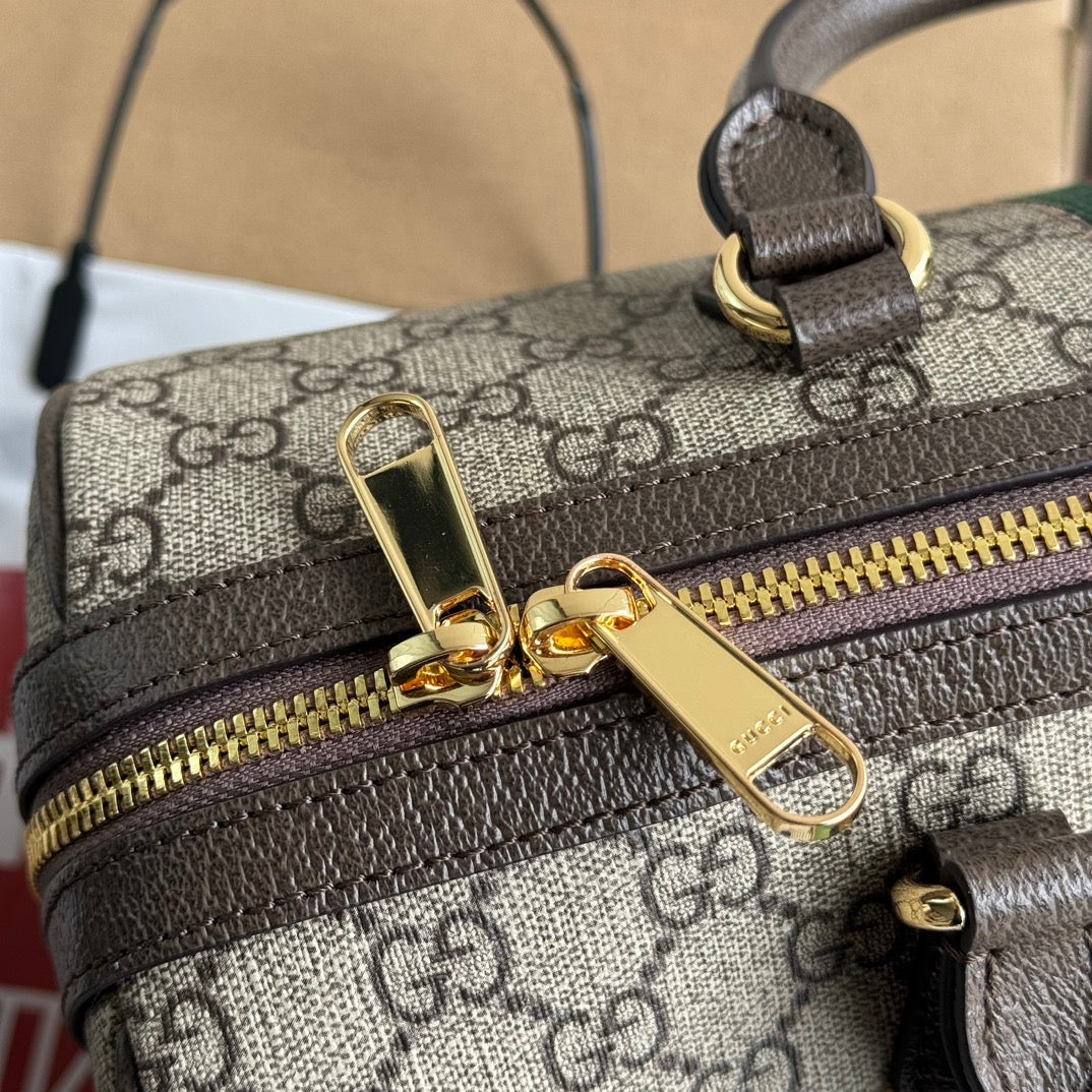 GUCCI OPHIDIA LARGE BOSTON BAG 31 IN BEIGE EBONY  BROWN CALFSKIN TRIM