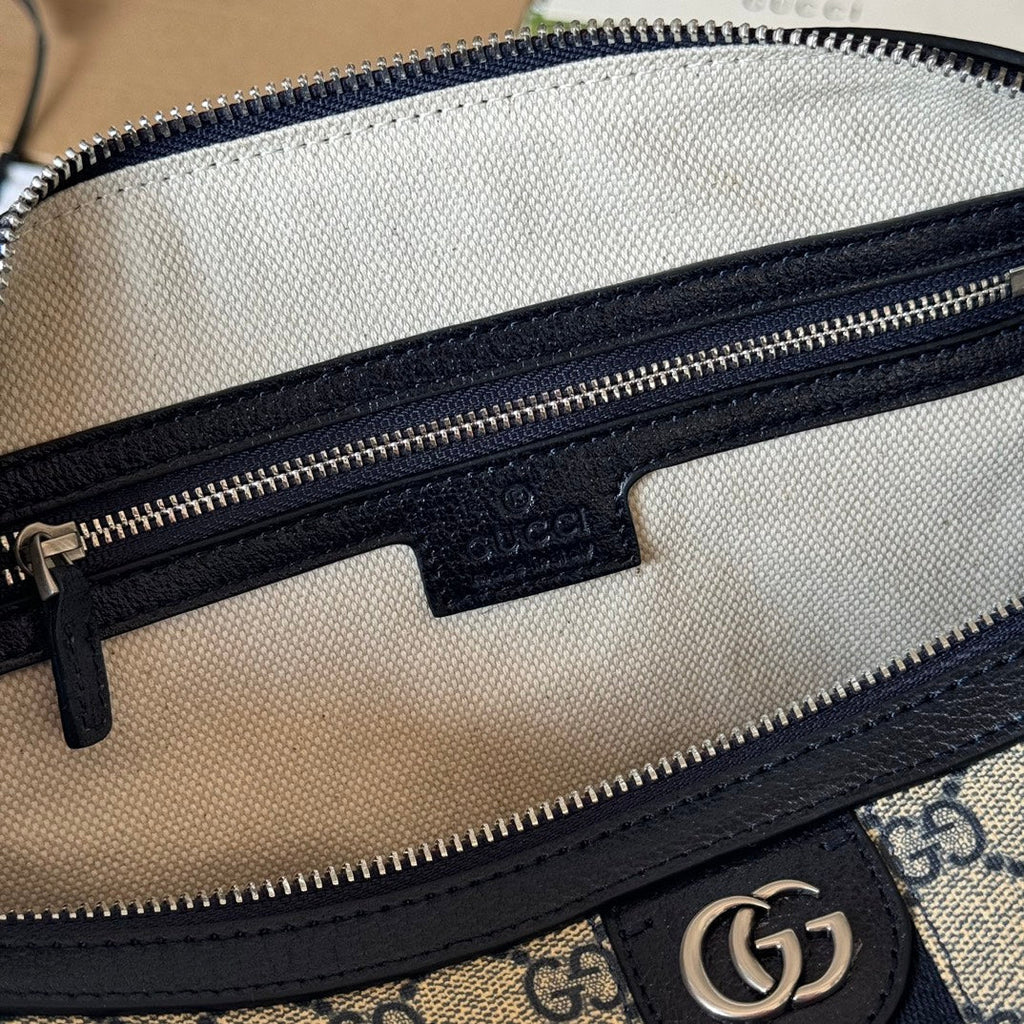 GUCCI OPHIDIA LARGE BOSTON BAG 31 IN BEIGE AND BLUE  CALFSKIN