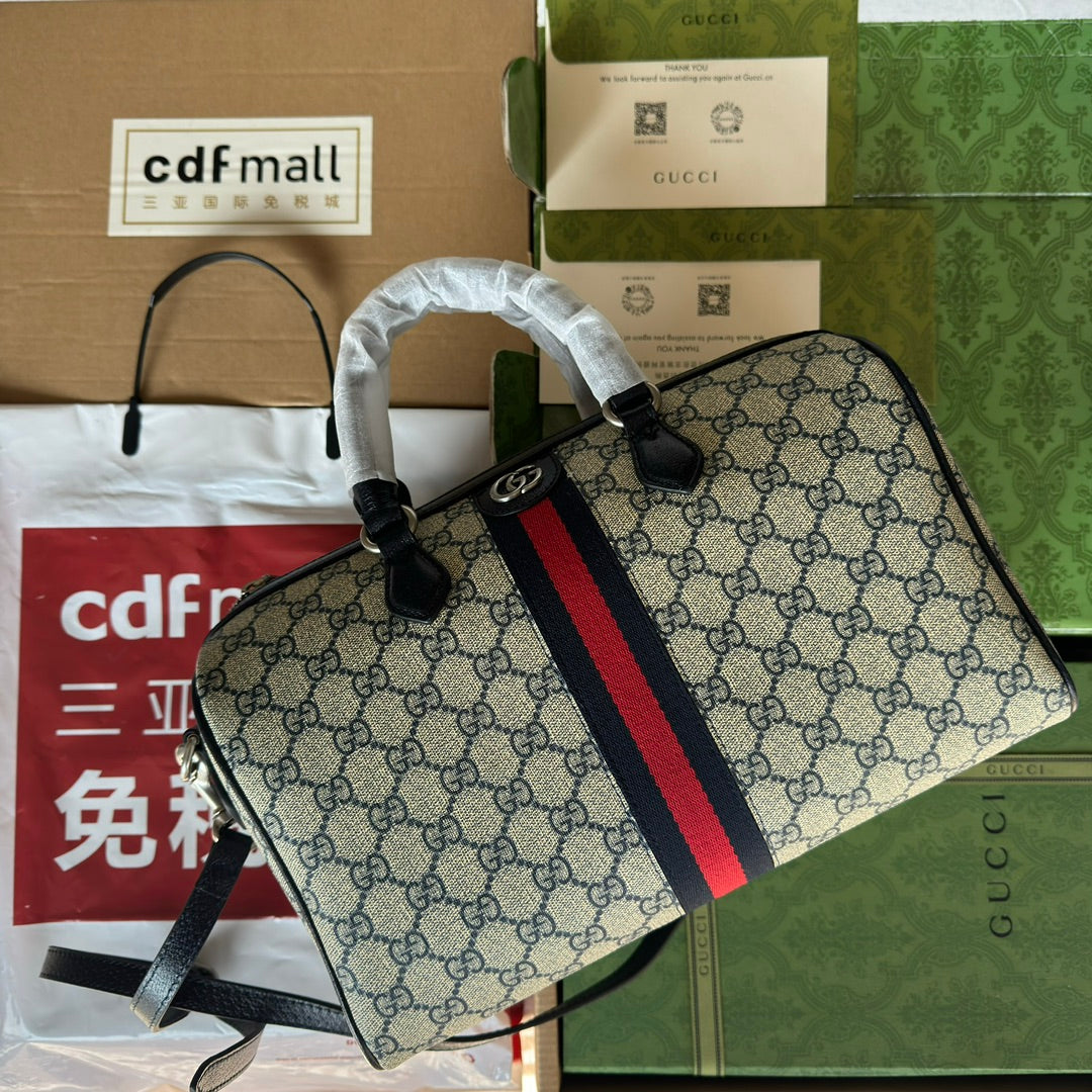 GUCCI OPHIDIA LARGE BOSTON BAG 31 IN BEIGE AND BLUE  CALFSKIN