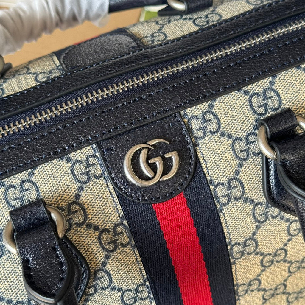 GUCCI OPHIDIA LARGE BOSTON BAG 31 IN BEIGE AND BLUE  CALFSKIN