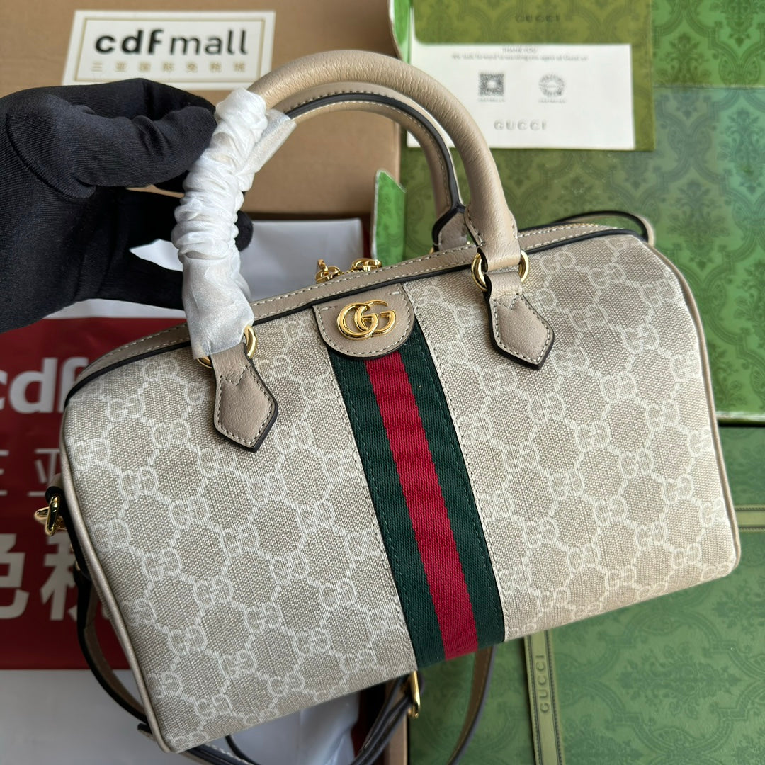 GUCCI OPHIDIA SMALL TOP HANDLE BAG 26 IN BEIGE WHITE CANVAS AND OAT CALFSKIN TRIM GOLD HARDWARE