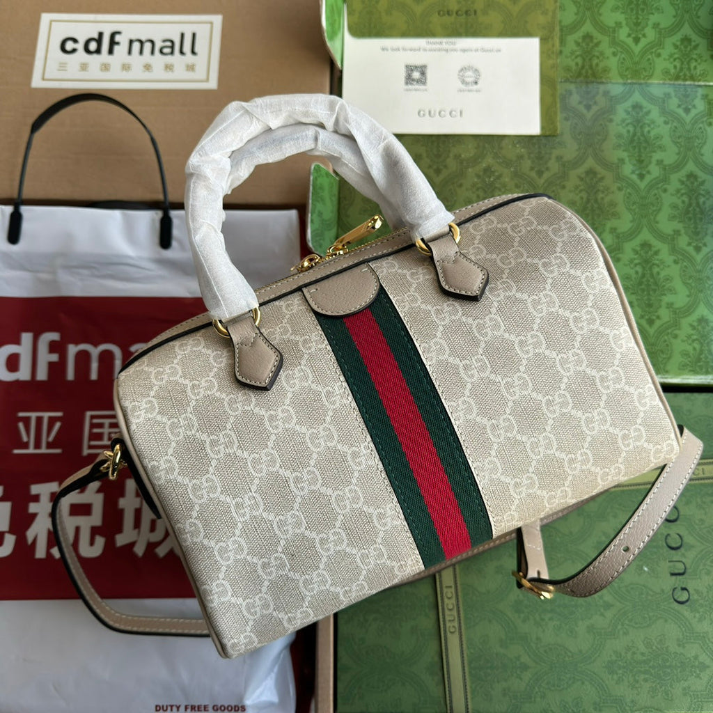 GUCCI OPHIDIA SMALL TOP HANDLE BAG 26 IN BEIGE WHITE CANVAS AND OAT CALFSKIN TRIM GOLD HARDWARE
