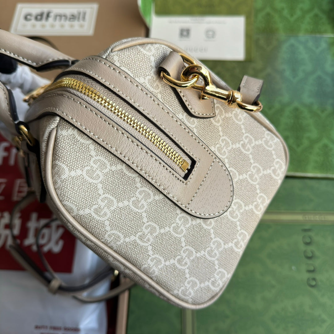 GUCCI OPHIDIA SMALL TOP HANDLE BAG 26 IN BEIGE WHITE CANVAS AND OAT CALFSKIN TRIM GOLD HARDWARE