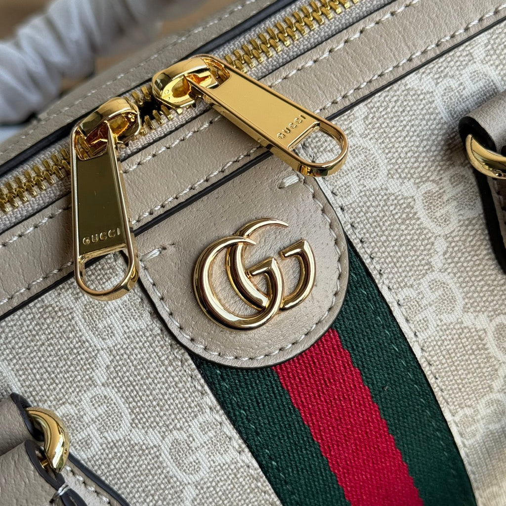 GUCCI OPHIDIA SMALL TOP HANDLE BAG 26 IN BEIGE WHITE CANVAS AND OAT CALFSKIN TRIM GOLD HARDWARE