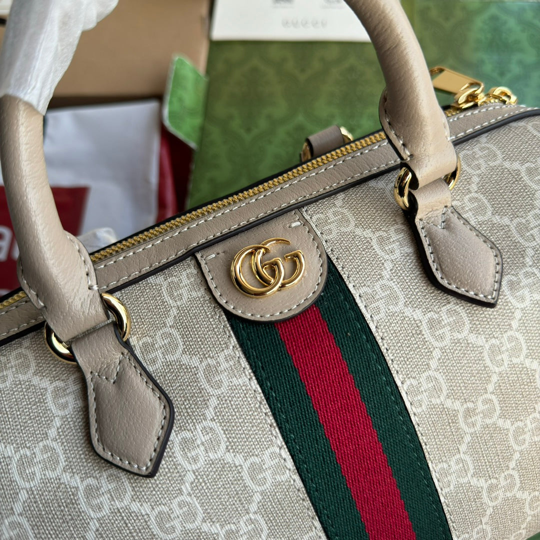GUCCI OPHIDIA SMALL TOP HANDLE BAG 26 IN BEIGE WHITE CANVAS AND OAT CALFSKIN TRIM GOLD HARDWARE