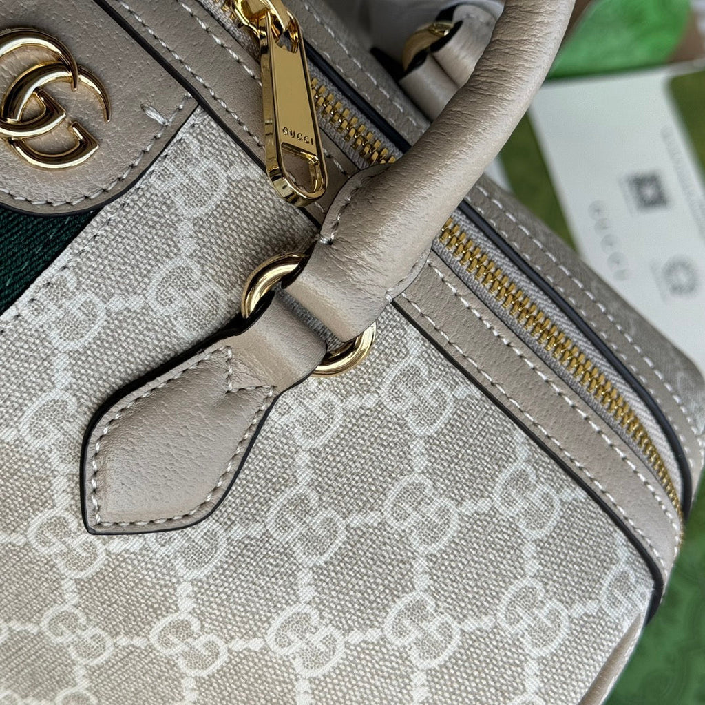 GUCCI OPHIDIA MEDIUM TOP HANDLE BAG 31 IN BEIGE WHITE CANVAS AND OAT CALFSKIN TRIM GOLD HARDWARE