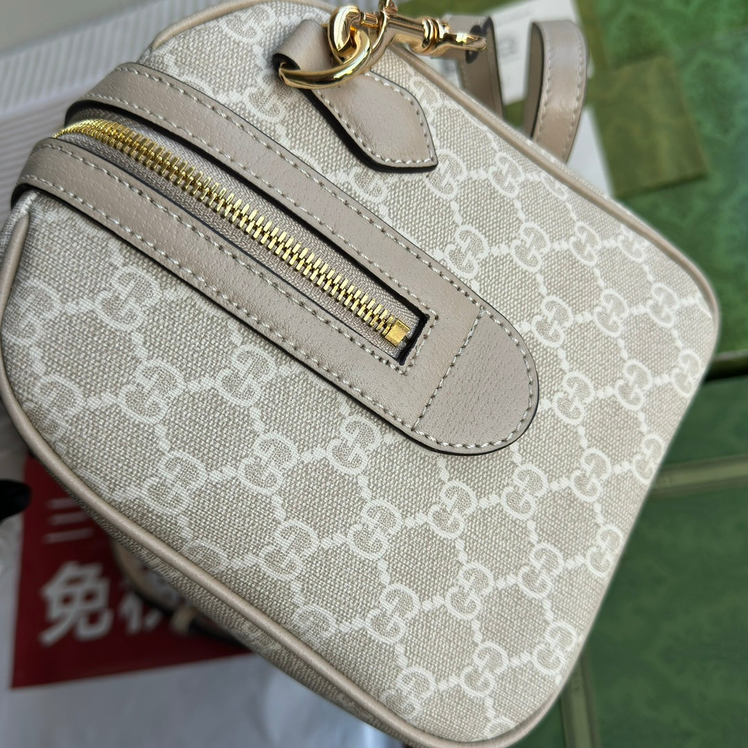 GUCCI OPHIDIA MEDIUM TOP HANDLE BAG 31 IN BEIGE WHITE CANVAS AND OAT CALFSKIN TRIM GOLD HARDWARE