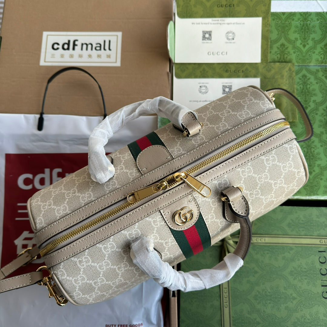 GUCCI OPHIDIA MEDIUM TOP HANDLE BAG 31 IN BEIGE WHITE CANVAS AND OAT CALFSKIN TRIM GOLD HARDWARE