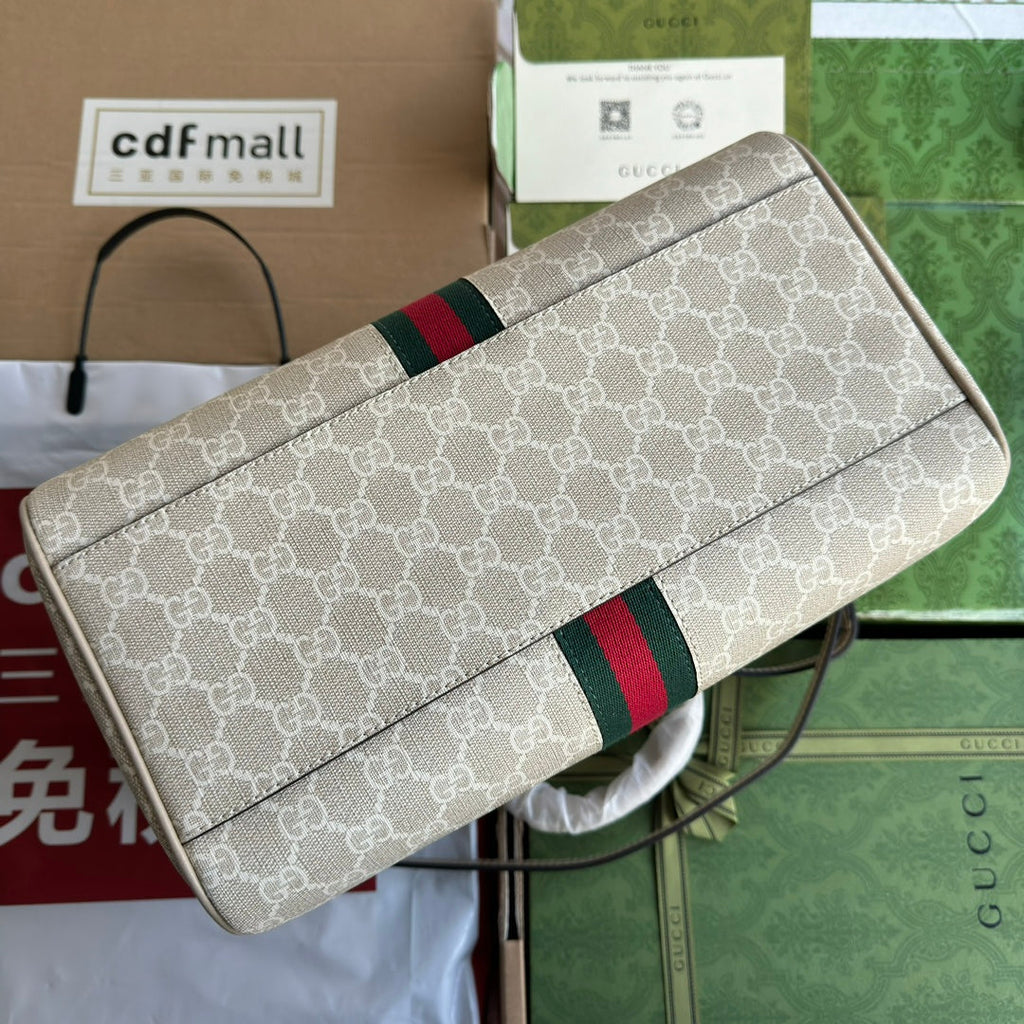 GUCCI OPHIDIA MEDIUM TOP HANDLE BAG 31 IN BEIGE WHITE CANVAS AND OAT CALFSKIN TRIM GOLD HARDWARE
