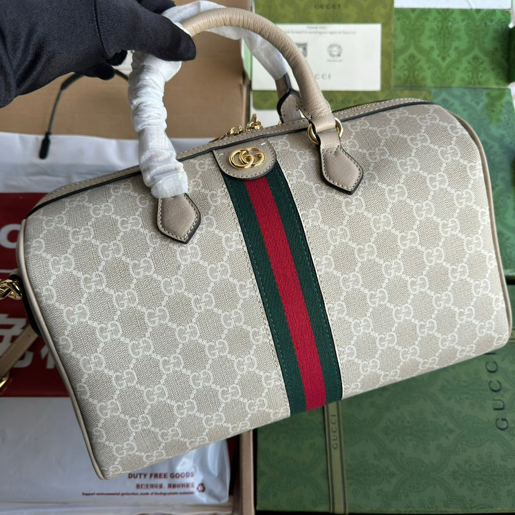 GUCCI OPHIDIA MEDIUM TOP HANDLE BAG 31 IN BEIGE WHITE CANVAS AND OAT CALFSKIN TRIM GOLD HARDWARE