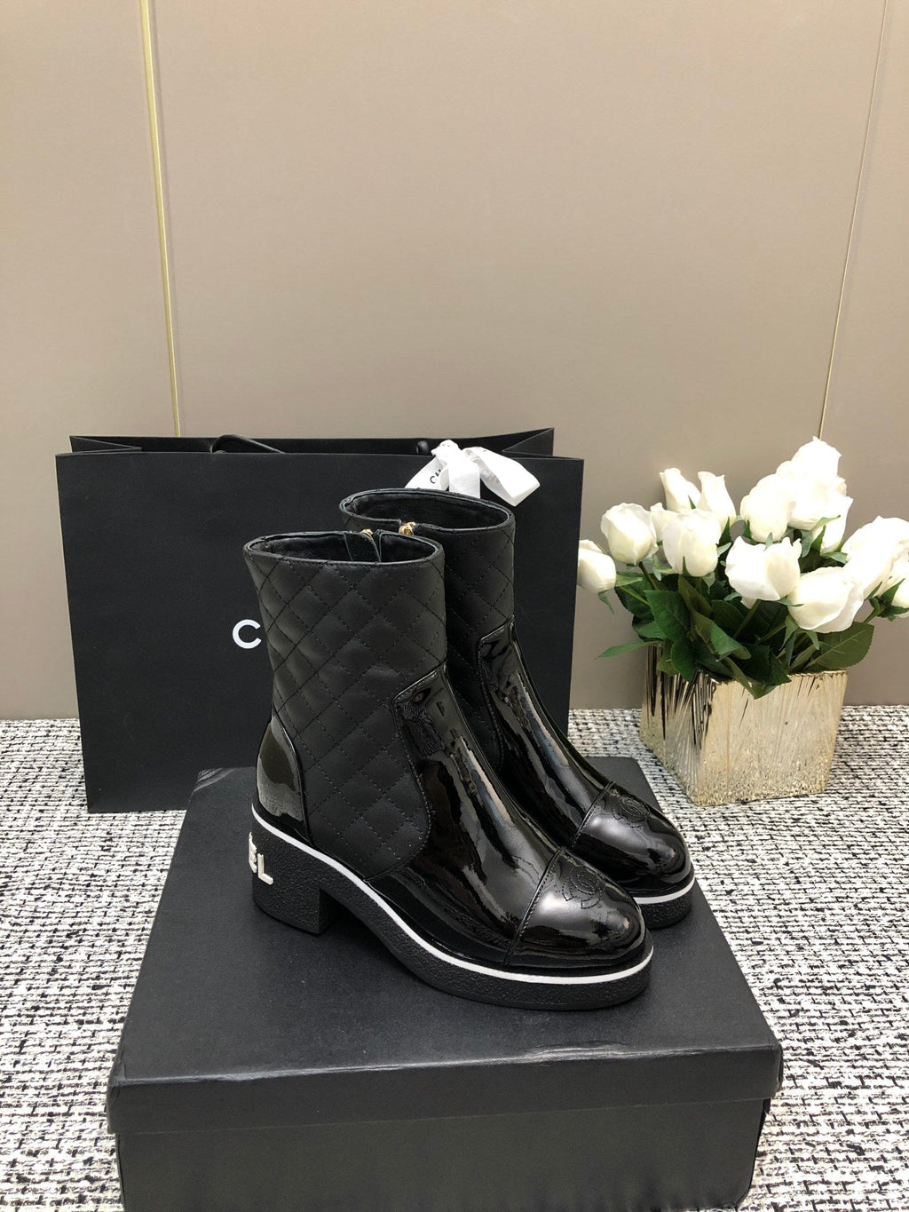 CHANEL ROUND-TOE SHORT BOOTS BLACK SHEEPSKIN