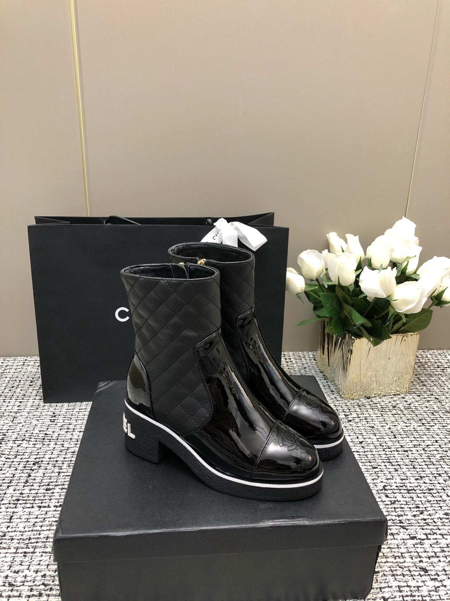 CHANEL ROUND-TOE SHORT BOOTS BLACK SHEEPSKIN