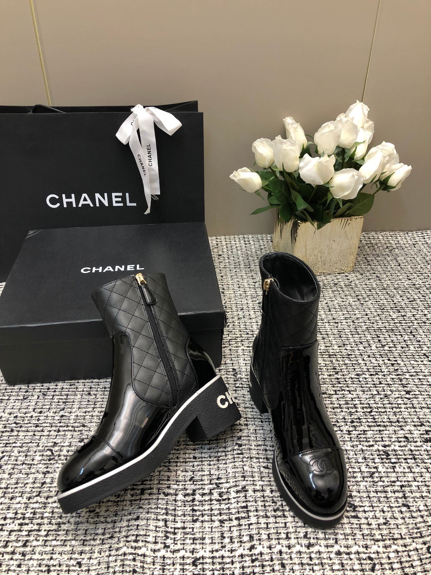CHANEL ROUND-TOE SHORT BOOTS BLACK SHEEPSKIN