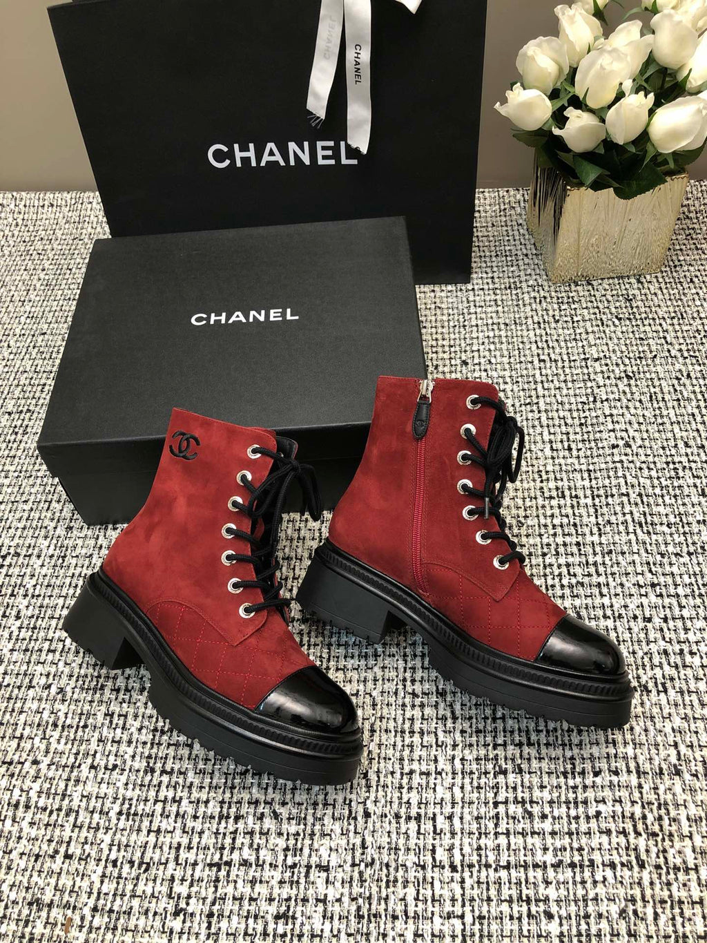 CHANEL SHORT BOOTS GARNET RED MIX BLACK SUEDE LAMBSKIN