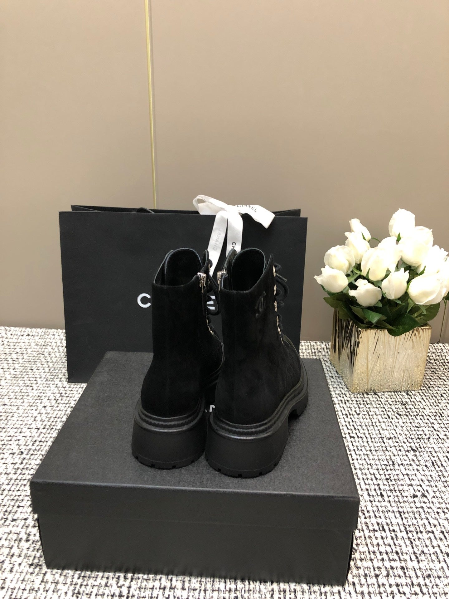 CHANEL SHORT BOOTS BLACK SUEDE LAMBSKIN