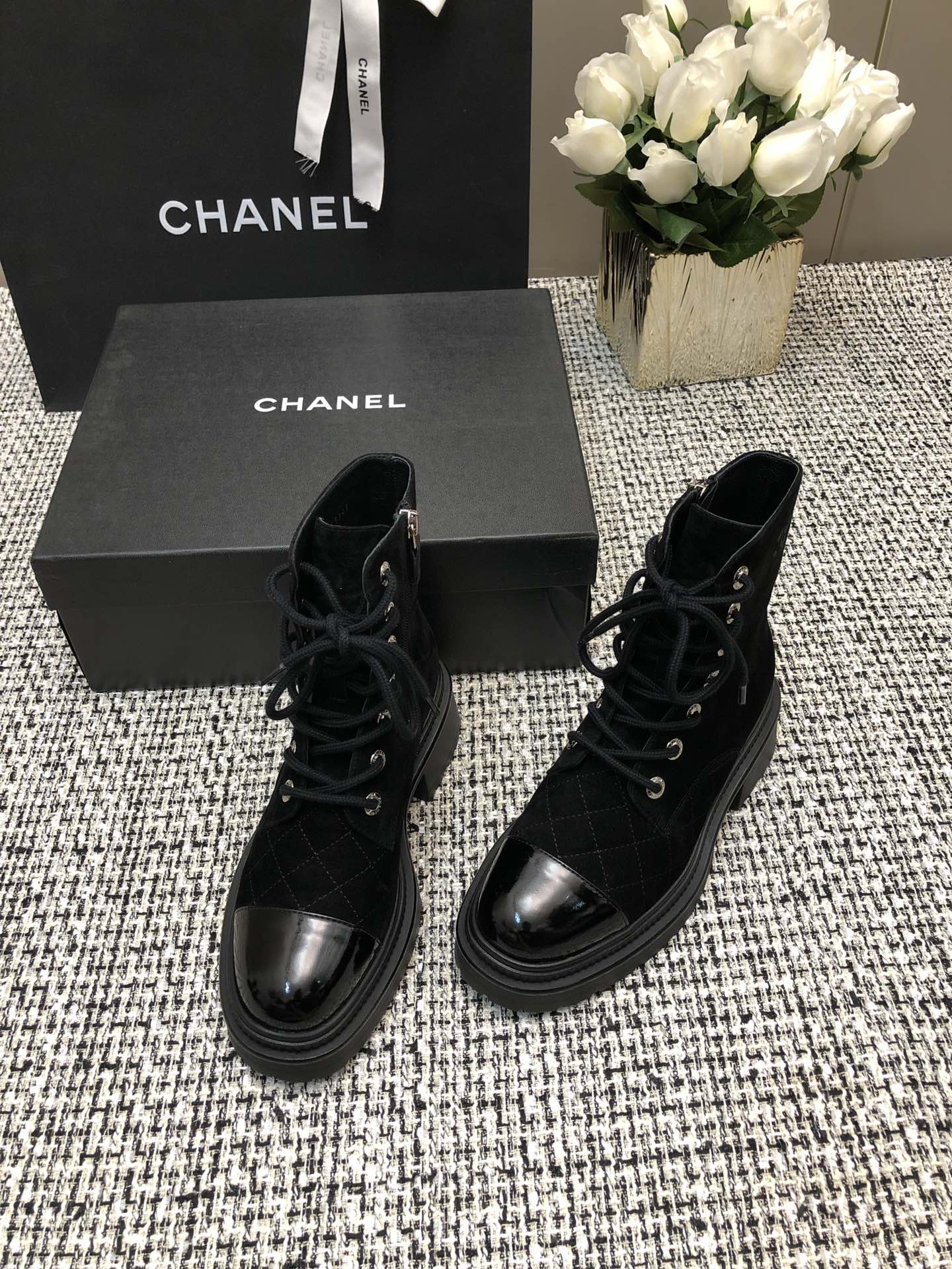 CHANEL SHORT BOOTS BLACK SUEDE LAMBSKIN
