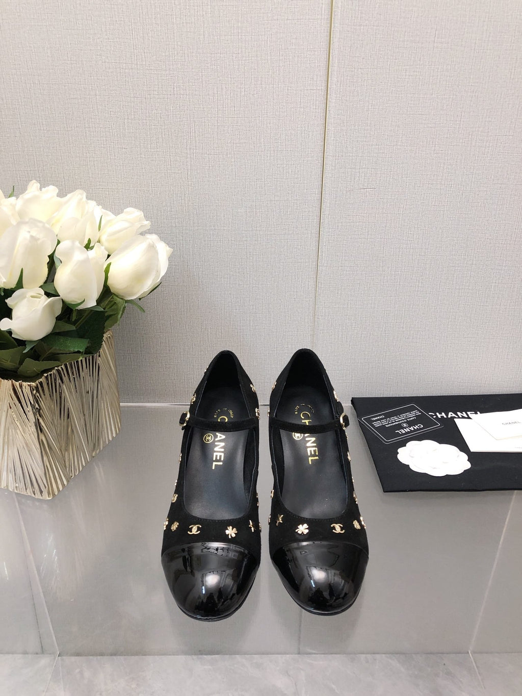 CHANEL MARY JANE BLACK SUEDE AND LAMBSKIN ATTACH METAL