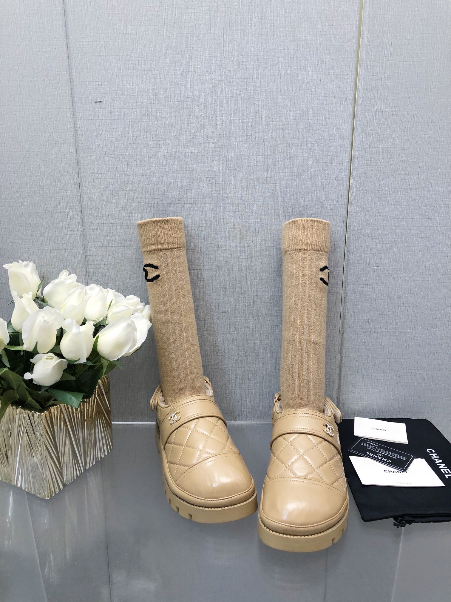 CHANEL CHUNKY PLATFORM SHEARLING SLIPPER BEIGE CREAM LAMBSKIN
