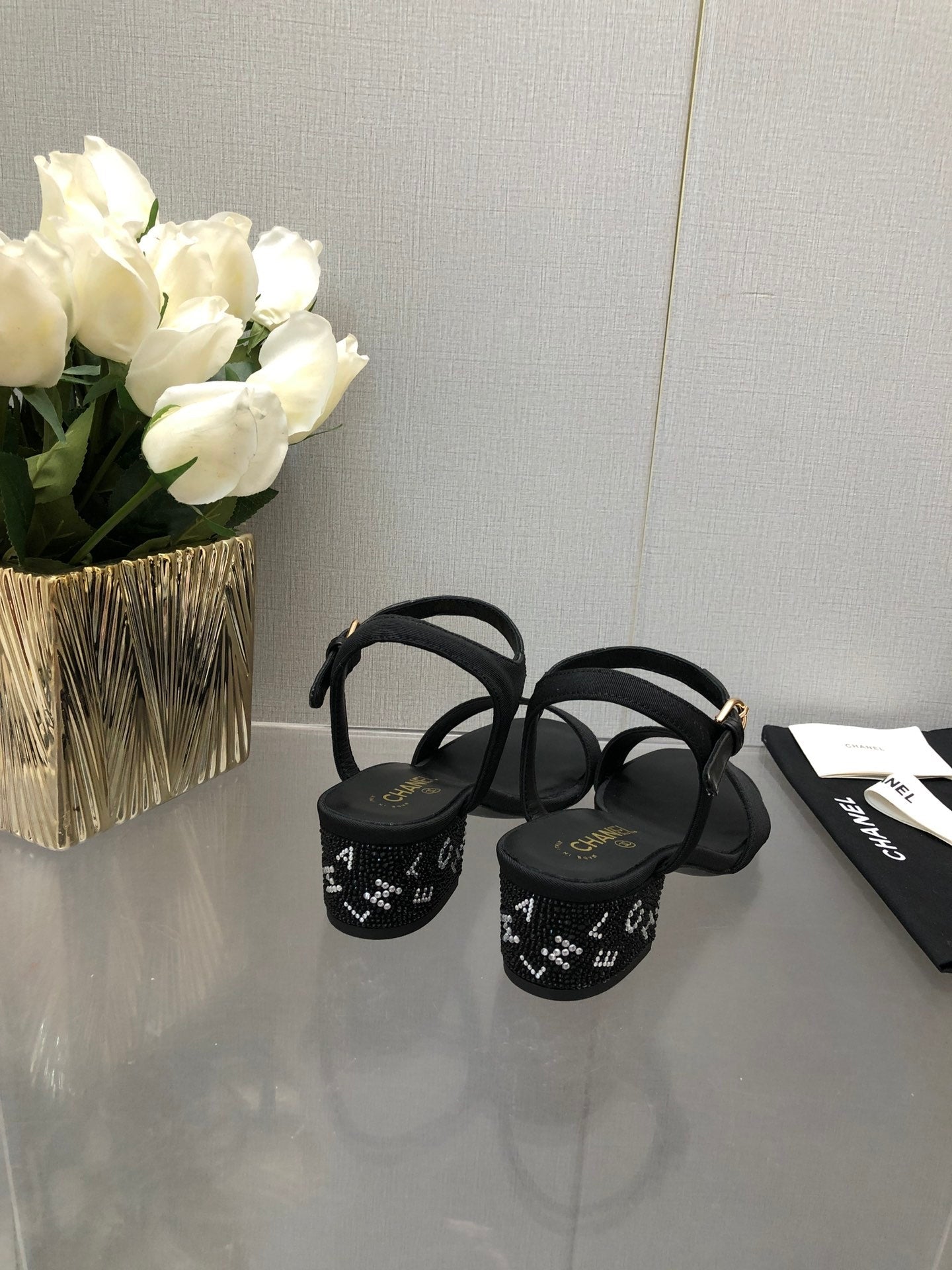 CHANEL BLOCK HEEL WITH CRYSTAL 5 CM SANDAL IN BLACK FABRIC