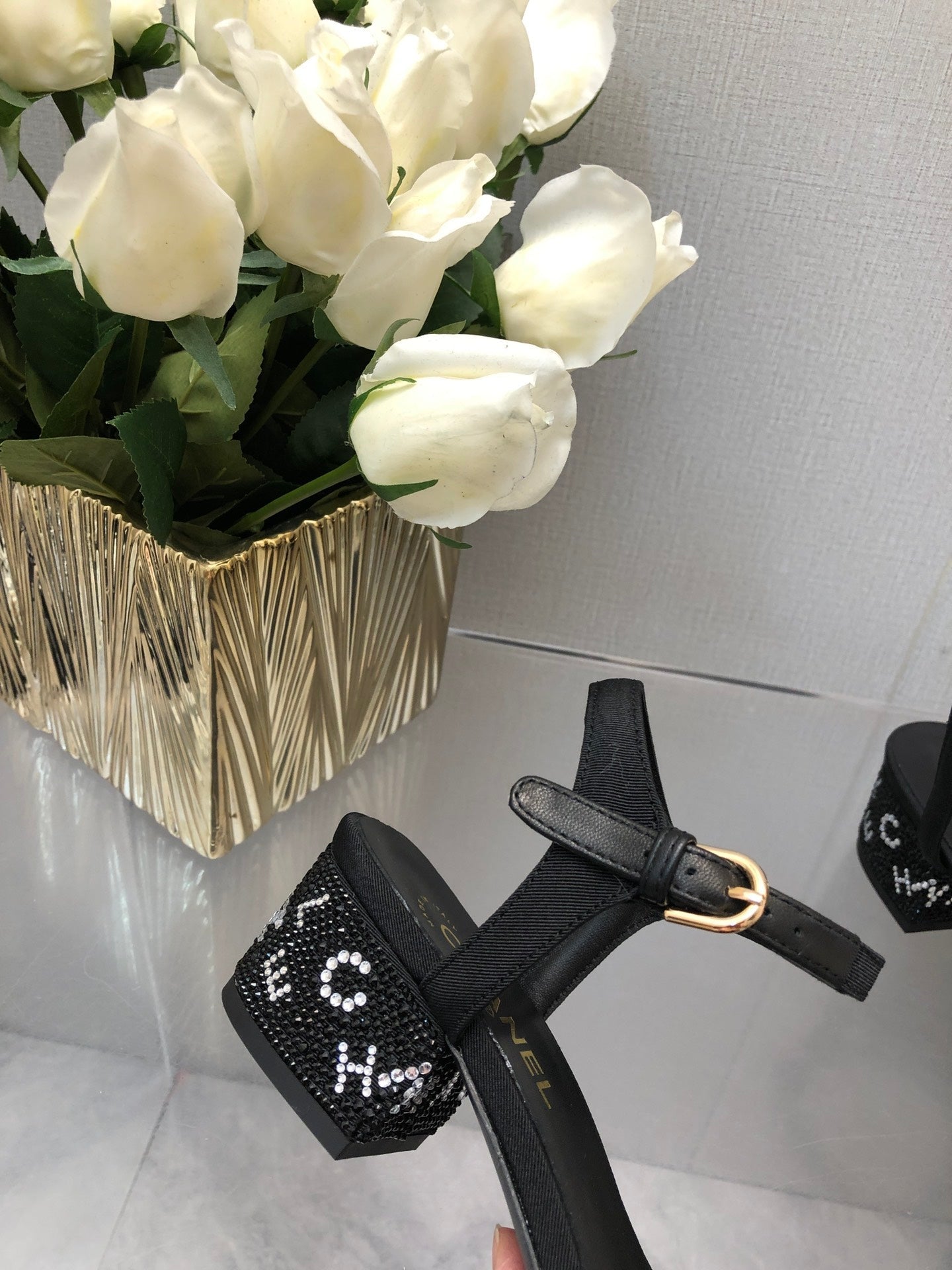 CHANEL BLOCK HEEL WITH CRYSTAL 5 CM SANDAL IN BLACK FABRIC