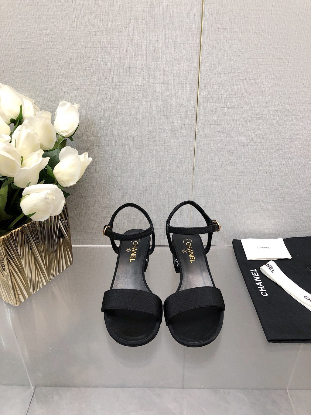CHANEL BLOCK HEEL WITH CRYSTAL 5 CM SANDAL IN BLACK FABRIC
