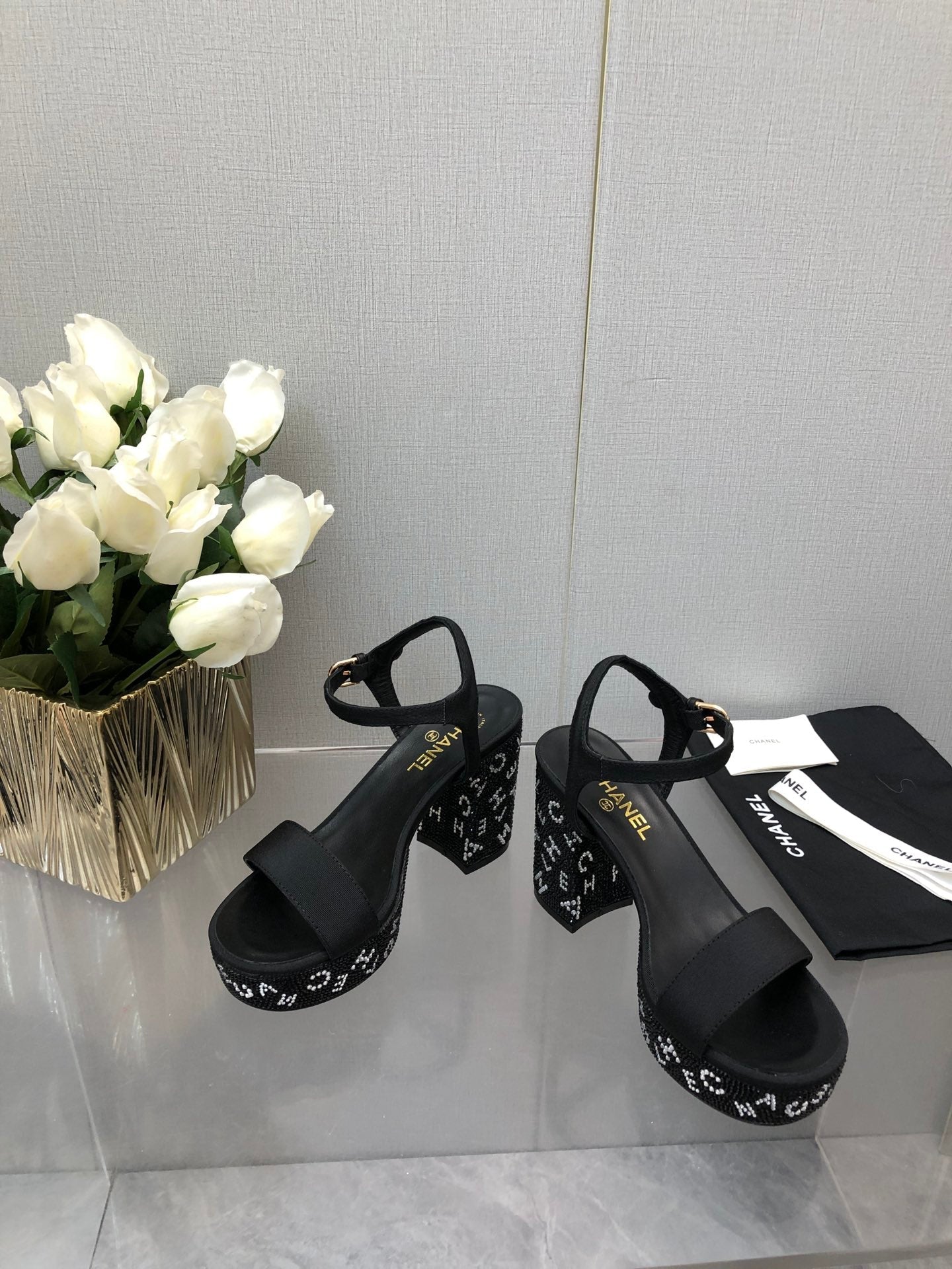 CHANEL BLOCK HEEL WITH CRYSTAL 9 CM SANDAL IN BLACK FABRIC