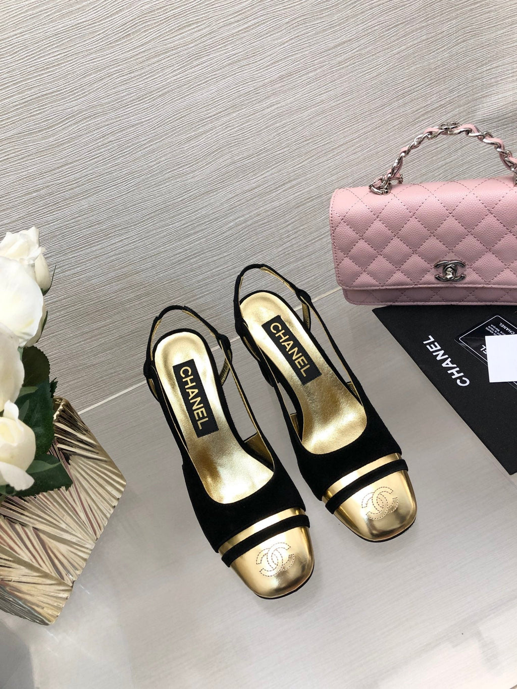 CHANEL HIGH SLINGBACKS IN BLACK SUEDE AND GOLDEN LAMBSKIN
