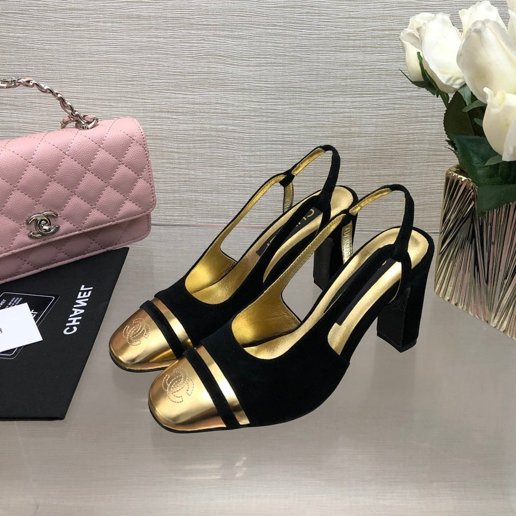 CHANEL HIGH SLINGBACKS IN BLACK SUEDE AND GOLDEN LAMBSKIN