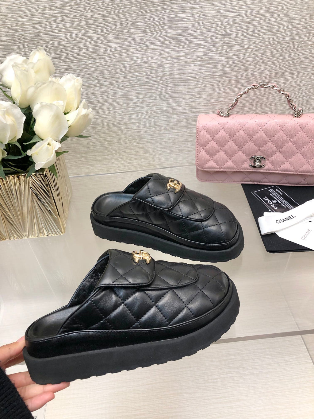 CHANEL TURNLOCK FLAP MULES BLACK LAMBSKIN