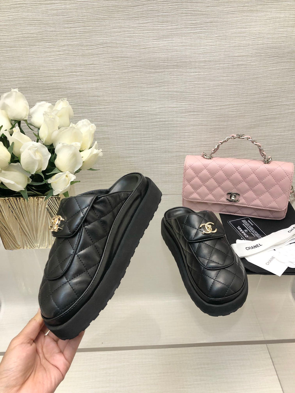 CHANEL TURNLOCK FLAP MULES BLACK LAMBSKIN