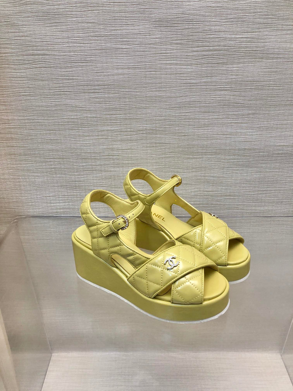 CHANEL WEDGE SANDALS IN YELLOW CREAM CALFSKIN