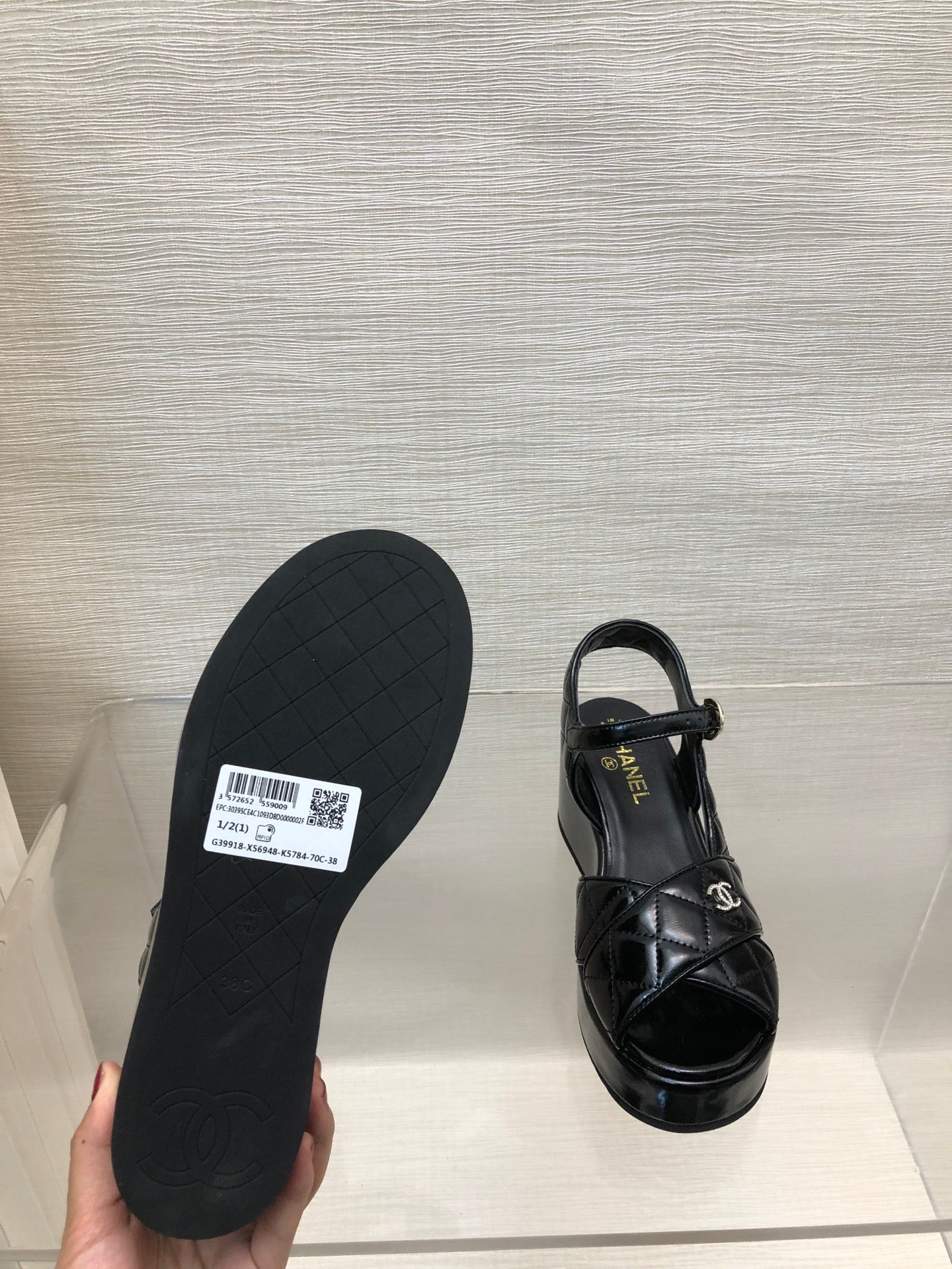 CHANEL WEDGE SANDALS IN BLACK CALFSKIN