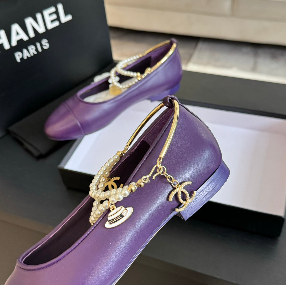 CHANEL Double Strap Chunky Heel Mary Jane Shoes Violet Purple
