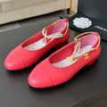 CHANEL Double Strap Chunky Heel Mary Jane Shoes Red Pink