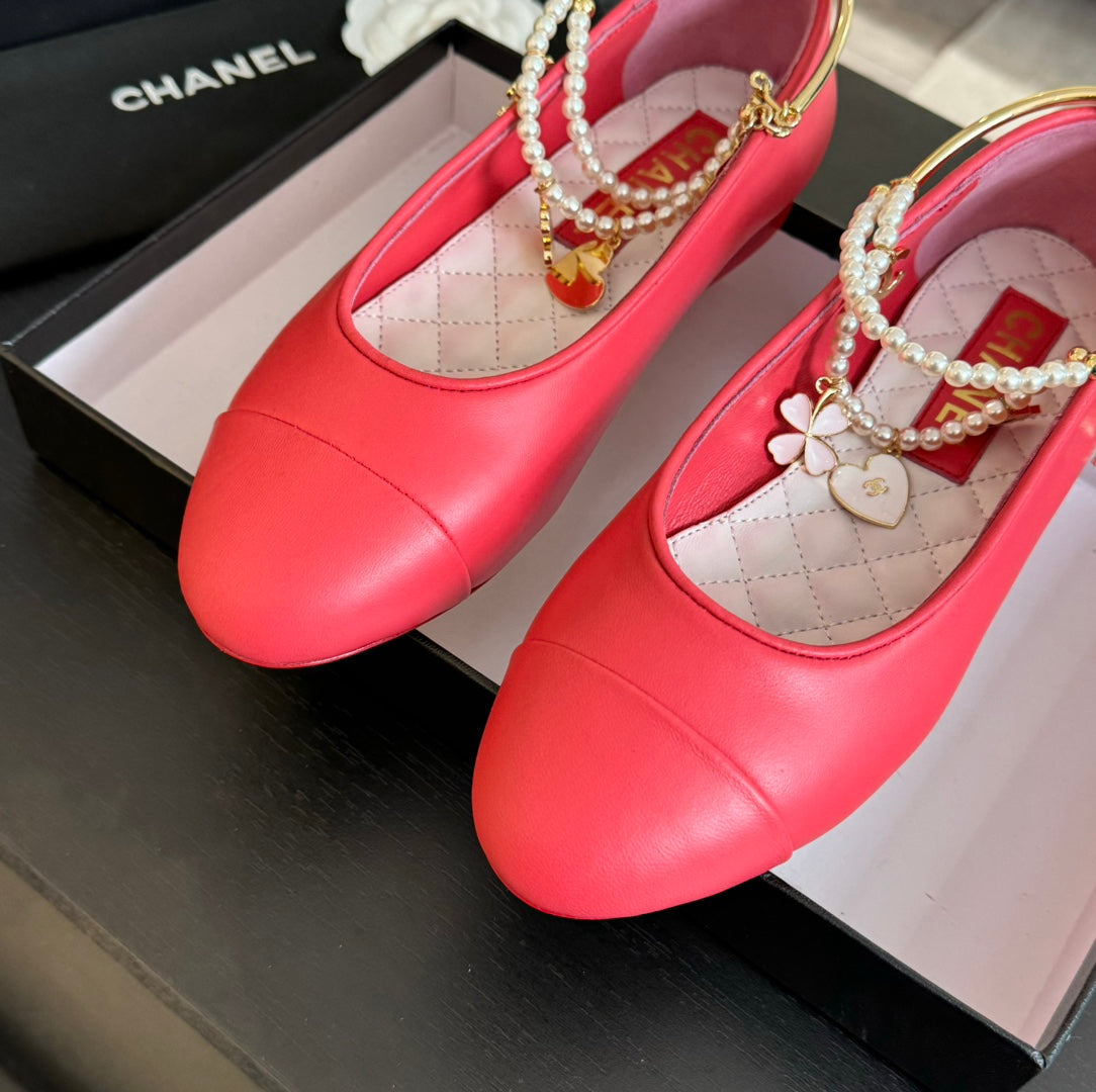 CHANEL Double Strap Chunky Heel Mary Jane Shoes Red Pink