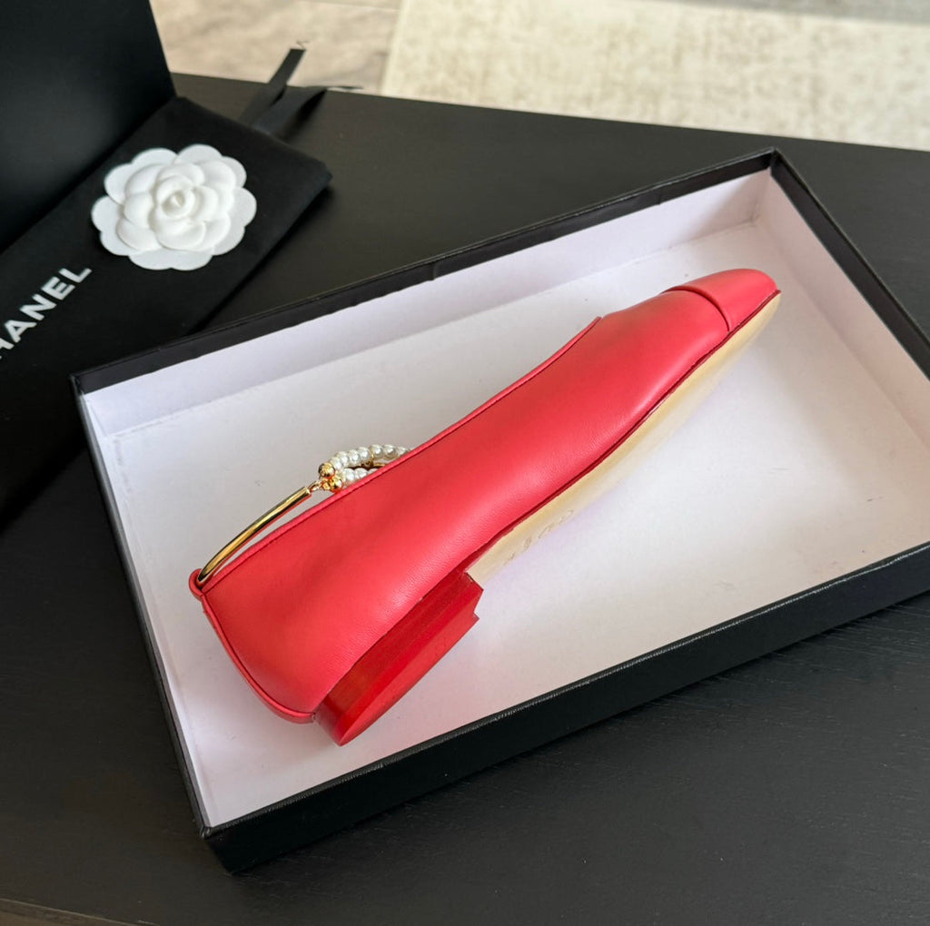 CHANEL Double Strap Chunky Heel Mary Jane Shoes Red Pink